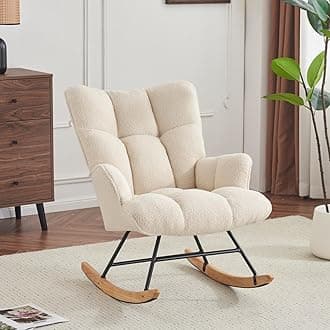 Rocking Chair Nursery Teddy Upholstered Glider Rocker Rocking Accent Chair Padded Seat with High Backrest Armchair Comfy Side Chair for Living Room Bedroom Offices (Ivory Teddy)