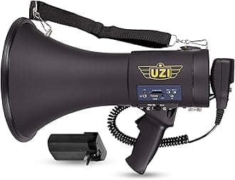 Uzi High Power Loud Big Bluetooth Megaphone 50W, Professional Bullhorn Megaphone Used by First Responders, Police & Agencies, Rechargeable Battery, PA System, Outdoor Activitie