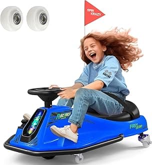 - 360 Degrees Rotating Ride On Drift Car, 24V Electric Drifting Go Kart for Kids W/24V Brushless Motor，Replacement Wheels, 3-7.5mph Speed, Flashing Lights, Flag, Music,Bluetooth,Blue