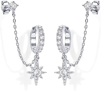 PAVOI 14k Gold Chain Earrings for Women | Double Piercing Dangle Chain Huggie Ring Earrings | Cubic Zirconia Pearl Stud Earring Earrings for Women