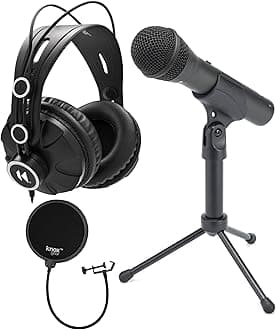 SAMSON Q2U Black Handheld Dynamic USB Microphone Bundle with Pop Filter and Closed Back Over-Ear Headphones (3 Items)