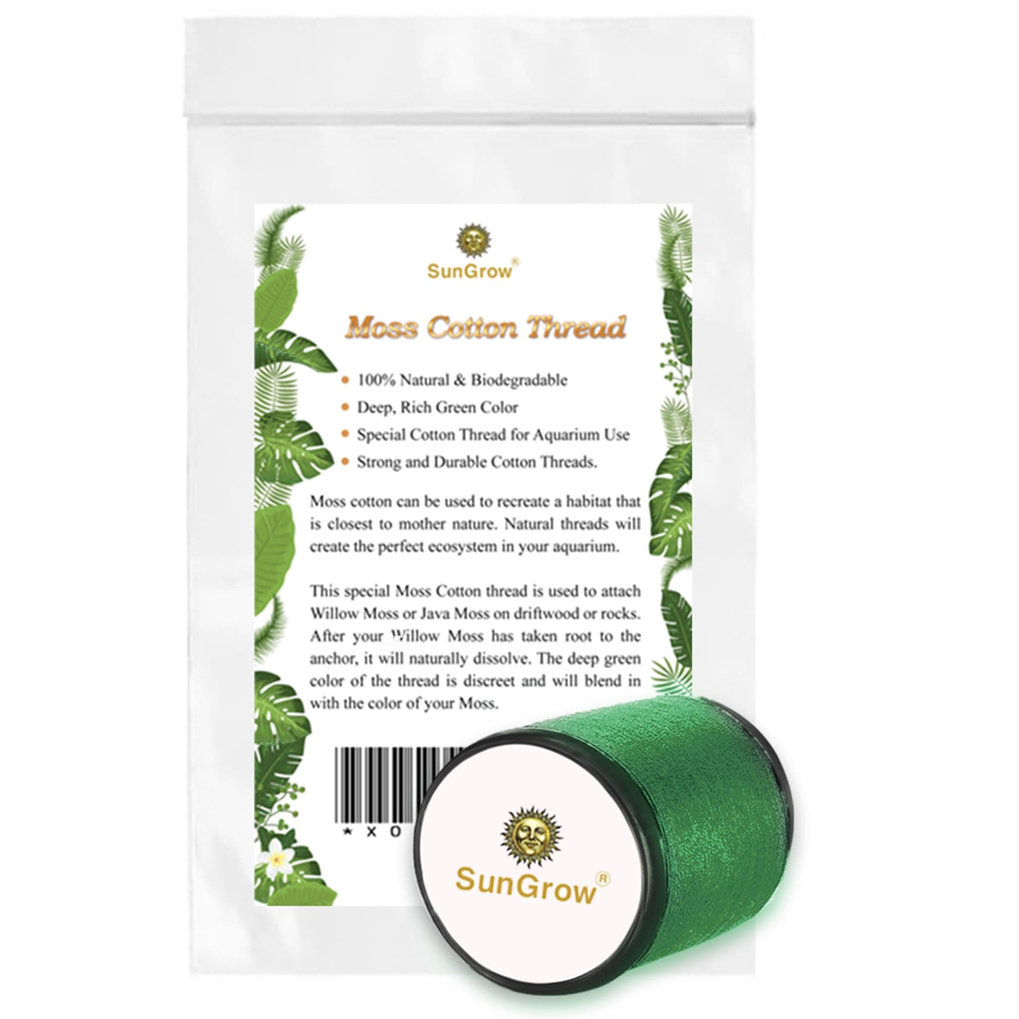 SunGrow Java Moss Cotton Thread, 20 Meters, Green Color, Dissolves Eventually, Securely Attaches Floating Plants Riccia, Fern to Driftwood