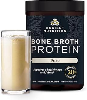 Ancient Nutrition Grass Fed & Cage Free Bone Broth Protein Powder, 20g Protein Per Serving, Hydrolyzed Collagen Peptides, Glucosamine, Chondroitin, Supports Joint & Gut Health, Pure, 20 Servings