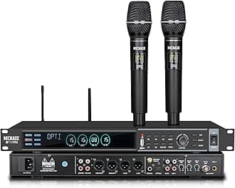 Digital Karaoke Processor KTV Mixer, Professional Pre-Stage Effector Audio Vocal Effects Processor Dual Wireless Microphones System with DSP Anti-Howling USB Bluetooth Optical Input (Black)