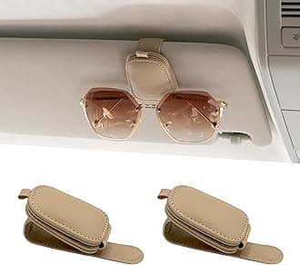 Yuoyar Sunglass Holder for Car, Magnetic Leather Sunglasses Holder and Ticket Card Clip, Car Visor Accessories, 2 Packs (Beige)