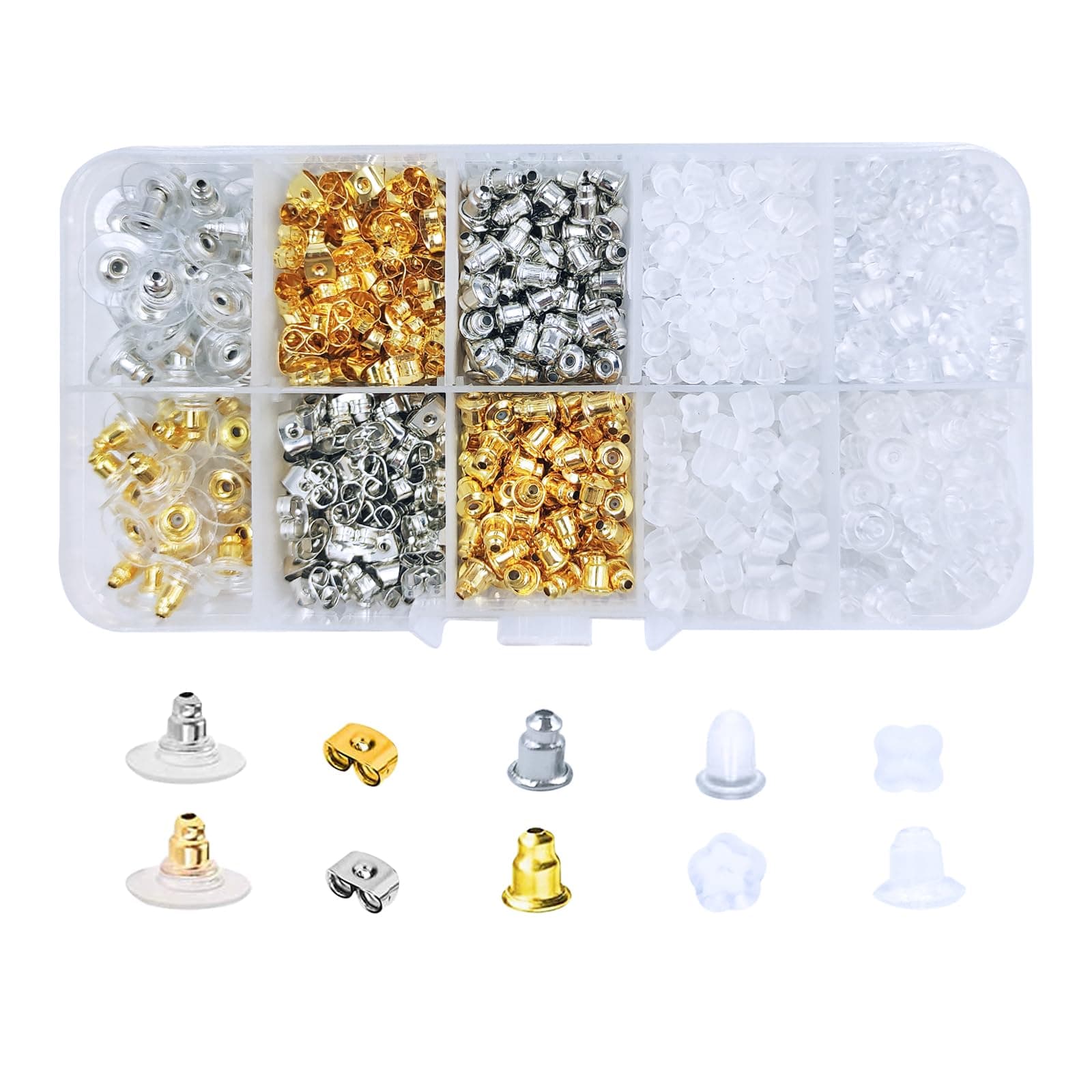 1080pcs Earring Backs Replacements, Silicone Plastic Earring Backs for Studs, Hypoallergenic Rubber Earrings Backs Soft Clear Stoppers, Pierced Earing Backs Kits for Earring Hooks (10styles)