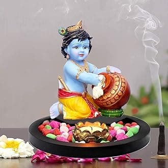 Polyresin and Wood Lord Baby Krishna Makhan Chor Idol Statue kanha ki Murti with Wooden Flowers Natural Stones Lotus Tealight Candle Holder and Wooden Tray