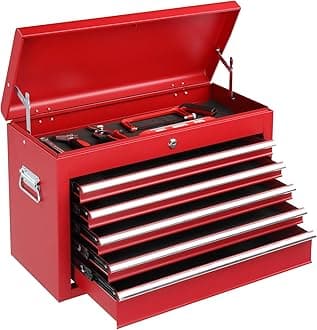 Winado 24" Portable Tool Box, 5 Drawers & Top Storage Tray Tool Box with Drawers, Lockable Metal Tool Chest Cabinet for Garage, Warehouse, Repair Shop & Home, Red