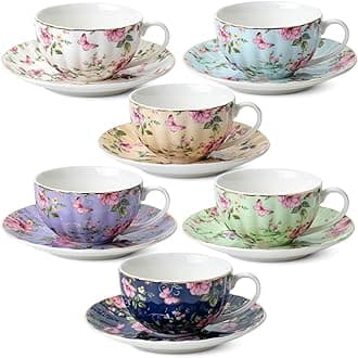 BTaT- Floral Tea Cups and Saucers Set of 6 (7 oz), Porcelain Tea Cups Set of 6, Modern Midnight Floral Design with Gold Trim, Dishwasher & Freezer Safe