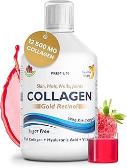 12,500 mg Hydrolyzed Marine Collagen & Gold Retinol Liquid Supplement - 20 Day Supply, 500 ml | Type 1 & 3 Collagen, Pure Peptide & Hyaluronic Acid for Healthy Hair, Skin, Nails & Joints
