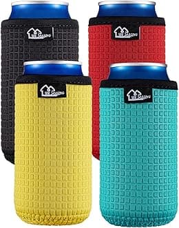 WK IEASON 16oz Standard Can Sleeves Insulators Sleeves Standard Can Covers 16OZ Neoprene Beer Bottle Sleeves Coolers Holder Non-slip Neoprene Can Coolier Sleeves 4PC Pack (16OZ, Black/Red/Yellow/Blue)