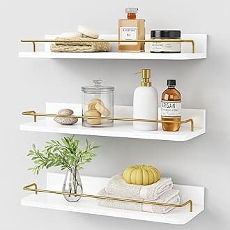Forbena Gold Floating Shelves for Wall Decor Set of 3, Bathroom Shelves Over Toilet, Modern Display Wall Shelf with Guard Rail for Living Room Bedroom Organizers and Storage - White and Gold