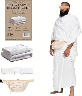 Men's Ihram for Hajj & Umrah - Sweat Absorbent, Comfortable, Fully Opaque, 2-Piece Ihram Set, Ehram Ahram 43 x 83 Inches, Ideal for Muslim Men, White