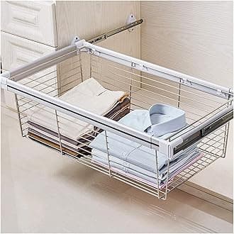 Wardrobe Pull-out Basket Cabinet Drain Storage Basket, Steel Wardrobe Rail Hanger, can Be Used for Clothes Sorting and Folding Storage (Color : Silver, Size : 614-664mm)