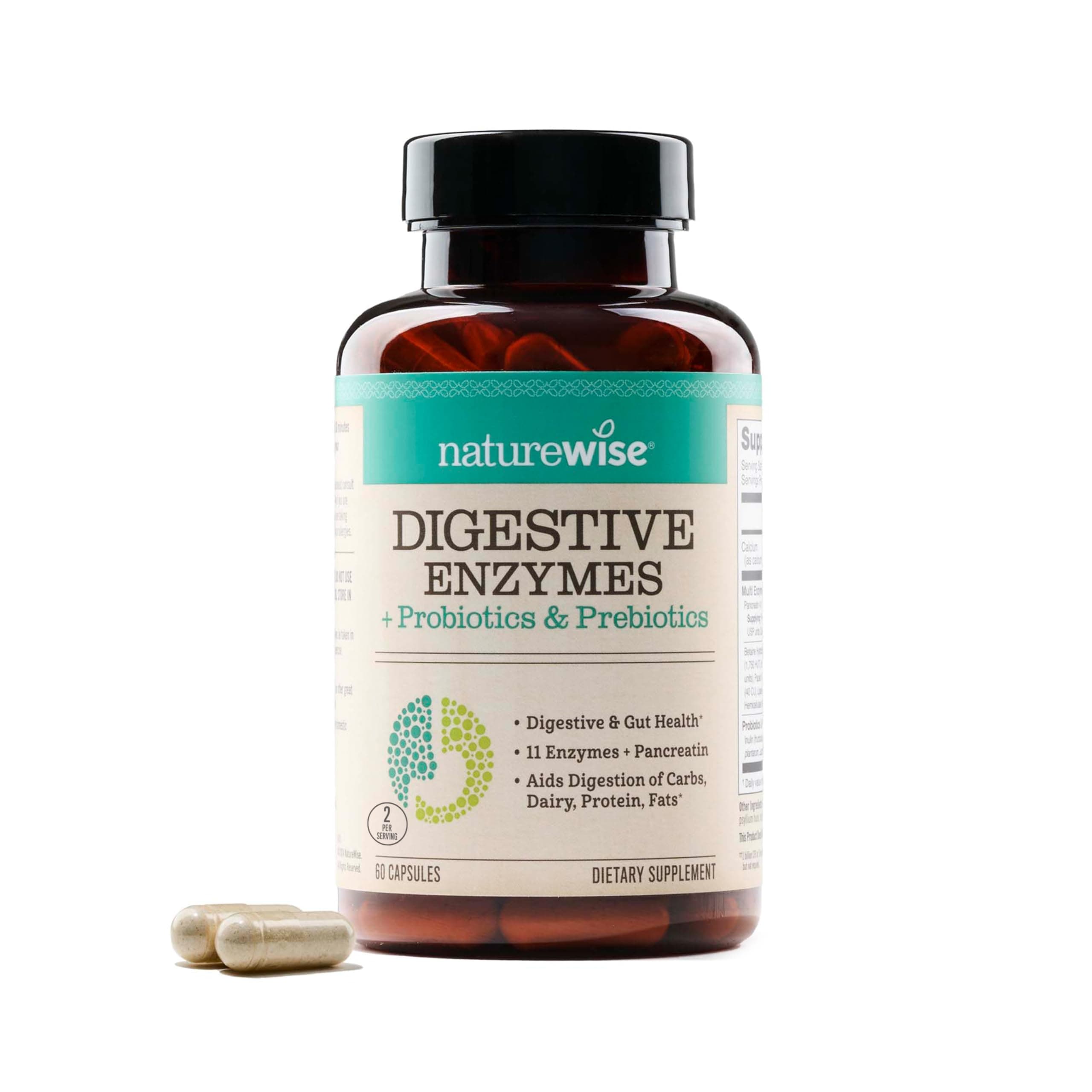 NatureWise Digestive Enzymes - Multi Enzymes with Probiotics + Prebiotics - Post Mealtime Comfort & Bloating Support + Aids Digestion and Gut Health - Soy-Free, Non-GMO - 60 Capsules[1-Month Supply]