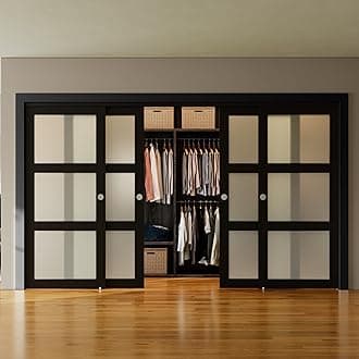SMARTSTANDARD Bypass Sliding Closet Doors 144x80 in (Double 72in) for Bedroom, 3-Lite Frosted Glass Bypass Door with Hardware Kit Included, Preassembled Door Panel, Water-Proof PVC Surface, Black