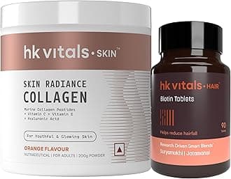 hk vitals Skin Radiance Marine Collagen Supplement (Orange, 200g) & Biotin 10000mcg (90 Tablets) Combo Pack | Supplement for Hair Growth