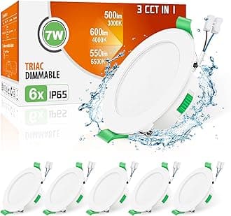 ALUSSO IP65 LED Downlights Dimmable 7W Slim Recessed Ceiling Lights, 3CCT 3000K Warm 4000K Neutral 6500K Cool Adjustable Bathroom Spotlights, White, 6 Pack