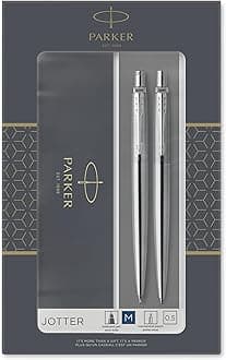 Parker Jotter Duo Gift Set with Ballpoint Pen & Mechanical Pencil (0.5mm) , Stainless Steel with Chrome Trim , Handwriting Pens & Stationery Supplies , Blue Ink Refill
