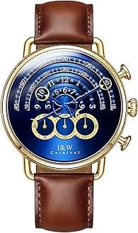 Unique Men’s Chronograph Watch | Leather Strap | 41MM Stainless Steel | Sapphire Glass | Japanese Quartz | 30M Water Resistant | Dress Casual Business Gold Wrist Watch for Men