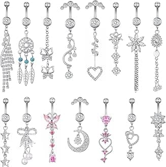 15PCS 14G Stainless Steel Belly Button Rings for Women with AAA Cubic Zirconia