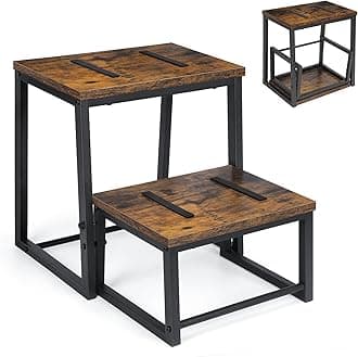 LIANTRAL 2 Step Stools for Adults & Kids, Heavy Duty 2-in-1 Stepping Stools Adjustable Retractable Wooden Stool, Metal Frame, Non-Slip Bedside Foot Stool, for Bed, Kitchen, RV Step - Rustic Brown