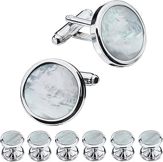 HAWSON Mother of Pearl Man Tuxedo Shirt Studs and Cufflinks Set for Wedding Business (Silver Tone- MOP)