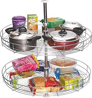 SmartSlide Stainless Steel 2 Shelf Kitchen Corner Cabinet Organizer/Modular Kitchen Basket/Multifunctional Storage Rack/Adjustable Height Kitchen Carousel Unit (Full Round Carousel 24 Inch)