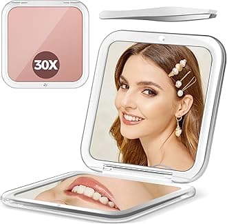Magnifying Mirror, 30X Pocket Travel Make up Mirror, 3.3x3.3 inch Small Compact Mirror, 2-Sided Mini Mirror for Home and Outside, Portable Multi-Purpose Travel Mirror, Precision Tweezers, Rose