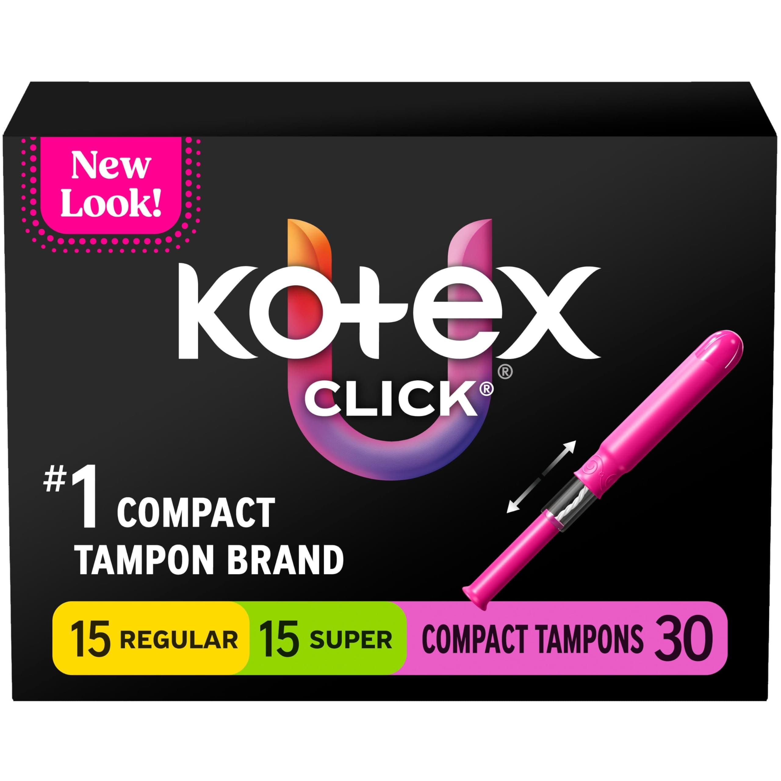 U by Kotex Click Compact Tampons, Multipack, Regular/Super, Unscented, 180 Count (6 Packs of 30) (Packaging May Vary)