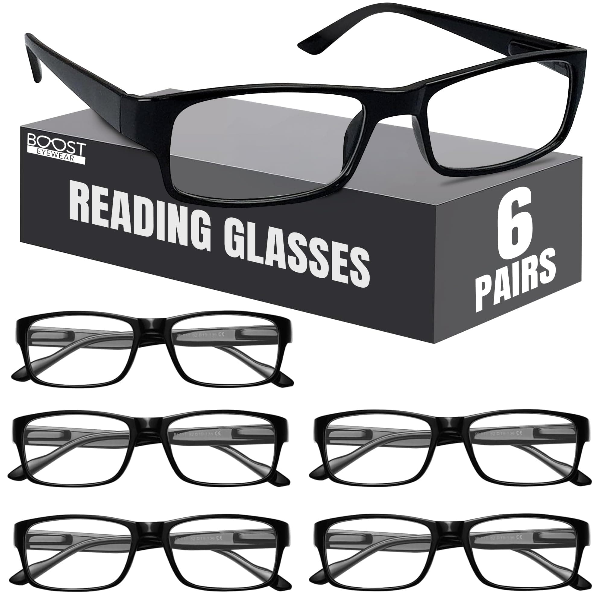 Boost Eyewear 6 Pack Reading Glasses – Classic Black Rectangular Frames with Spring Hinges – Comfortable Eye Glasses Readers for Women & Men (+2.00)