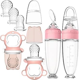 2 Pack Baby Food Dispensing Spoon, 2 Pack Baby Food Feeder with 3 Different Sized Silicone Teething Pacifiers, Baby Fruit Feeder (Pink)
