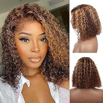 Wear and Go Glueless Wigs Human Hair Pre Plucked Pre Cut Highlight 4/27 Deep Wave Wig for Black Women Human Hair Bob Wig with Elastic Band Upgraded 4x4 Lace Closure Wigs (12Inch)