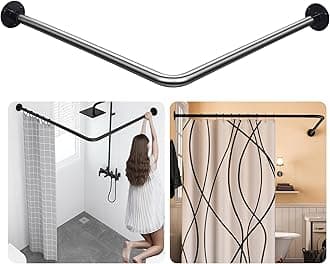 L-Shaped Corner Shower Curtain Rod, 「Black 24"-53" x 24"-53"」 Adjustable, Unsagging, Drill-free Install,304 Stainless steel 90°Curved Rod, Max Size 24"-37" x 55.1 "-69" with 12 Hooks