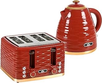 – Kettle and Toaster Sets, 3000W 1.7L Rapid Boil Kettle & 4 Slice Toaster with 7 Browning Controls, Defrost, Reheat and Crumb Tray, UK Otter Thermostat, Red