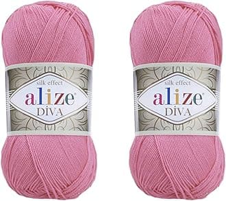 Alize Diva Yarn Hand Knitting Yarn 100% Microfiber Acrylic Yarn Alize Diva Silk Effect Thread Crochet Art Lace Craft Lot of 2 skeins 200gr 767 yds (178-Dark Pink)