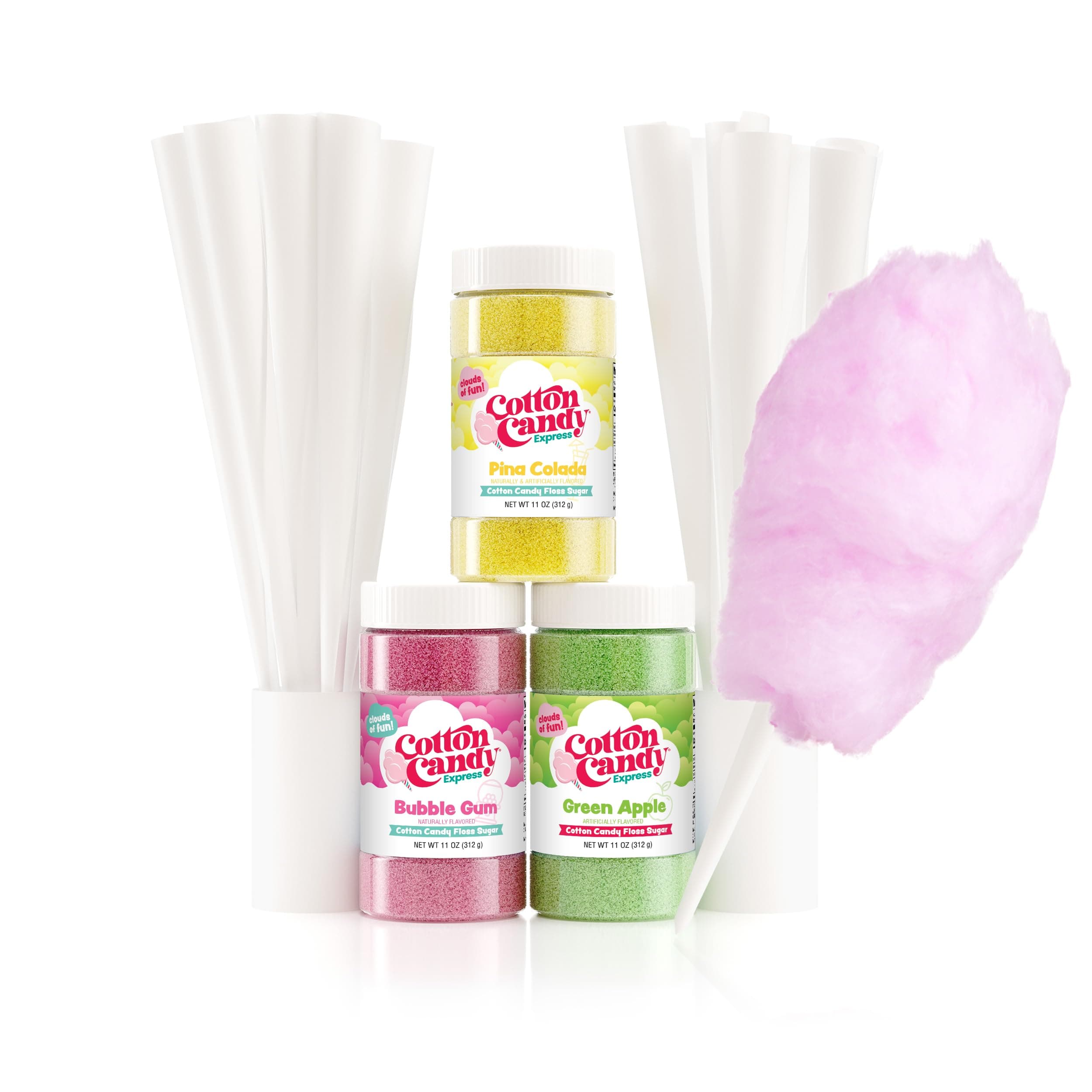 Cotton Candy Express Fun Pack | Kit Features Bubble Gum, Green Apple & Pina Colada Floss Sugars (11 oz Each) & 50 Paper Cones | Best Cotton Candy Maker Supplies | for Home or Commercial Use