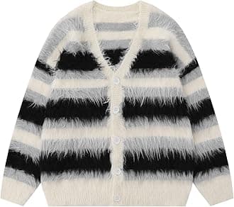 Bakyarder Men's Color Blocking Striped Fuzzy Cardigan Casual Vintage Oversized Button Down Knit Sweater
