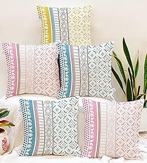STITCHNEST Ethnic Printed Cotton Canvas Cushion Covers, Set of 5 ( 18 x 18 Inches )