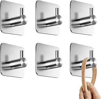 Adhesive Towel Hooks for Bathrooms, Set of 6 - Stainless Steel Self-Adhesive Robe Rack, Durable Adhesive Wall Hooks - Sticky Towel Holder, Peel and Stick Without Drilling