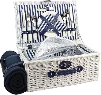 Picnic Basket Willow for 4 Persons | Large Wicker Hamper Set with Big Insulated Cooler Compartment, Free Fleece Blanket with Waterproof Backing and Cutlery Service Kit- Fashionable White