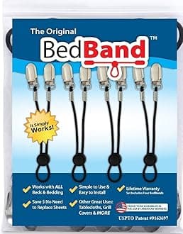Bed Band Not Made in China. 100% USA Worker Assembled.. Bed Sheet Holder, Gripper, Suspender and Strap. Smooth any Sheets on any Bed. Sleep Better. Patented.,Black,1 Pack (4 Bands)