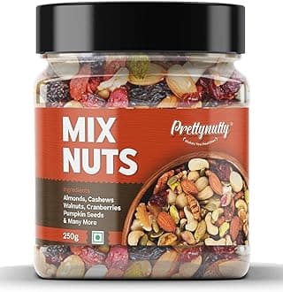 PrettyNutty Healthy Nutmix 250g, Dried Almonds, Black Raisins, Cashewnuts, Cranberries, Green Raisins, Walnut Kernels & Many More.