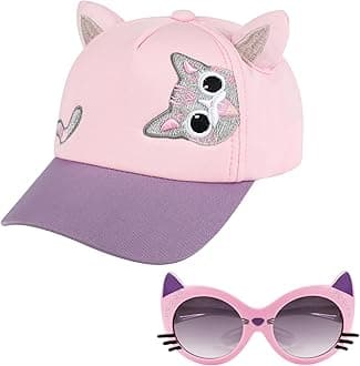Girls Baseball Cap Kids Sunglasses Set,Adjustable Sun Hat Sequin Cat Ear Hat Cute Toddler Cap for Girls Ages 3-10Y(Pink)