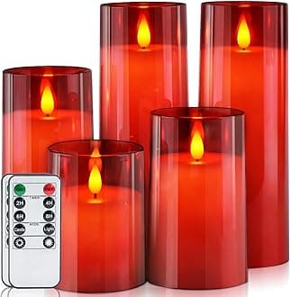 Red Flickering Flameless Candles, Battery Operated Acrylic LED Pillar Candles with Remote Control and Timer, Set of 5