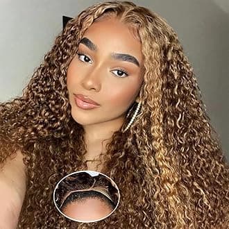 Glueless Wigs Human Hair Pre Plucked Pre Cut 4/27 Highlight Ombre Honey Blonde Curly Wigs Human Hair for Beginners 4x4 Deep Wave Lace Closure Glueless Wigs for Black Women 20 Inch