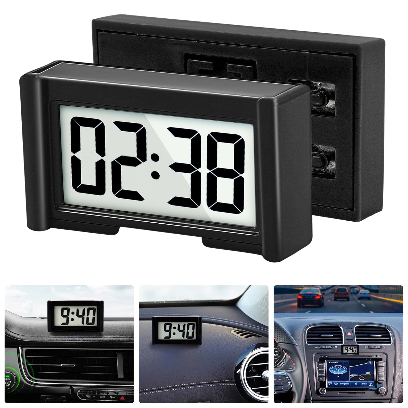 YOUNGFLY Small Digital Clock, Mini Car Dashboard Clock Battery Operated, Car Truck Dashboard Time Self-Adhesive Bracket Vehicle Automotive Dash Stick on Air Vent Travel Folder Clock (Black)