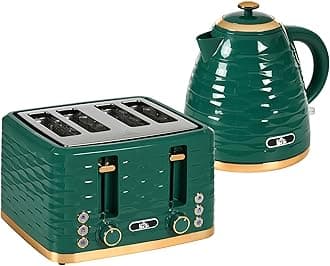 Kettle and Toaster Sets, 3000W 1.7L Rapid Boil Kettle & 4 Slice Toaster with 7 Browning Controls, Defrost, Reheat and Crumb Tray, UK Otter Thermostat, Green