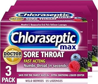 Max Strength Sore Throat Relief Lozenges, Wild Berry, Drops with Liquid Center to Numb Sore Throat, 15 Count, Pack of 3