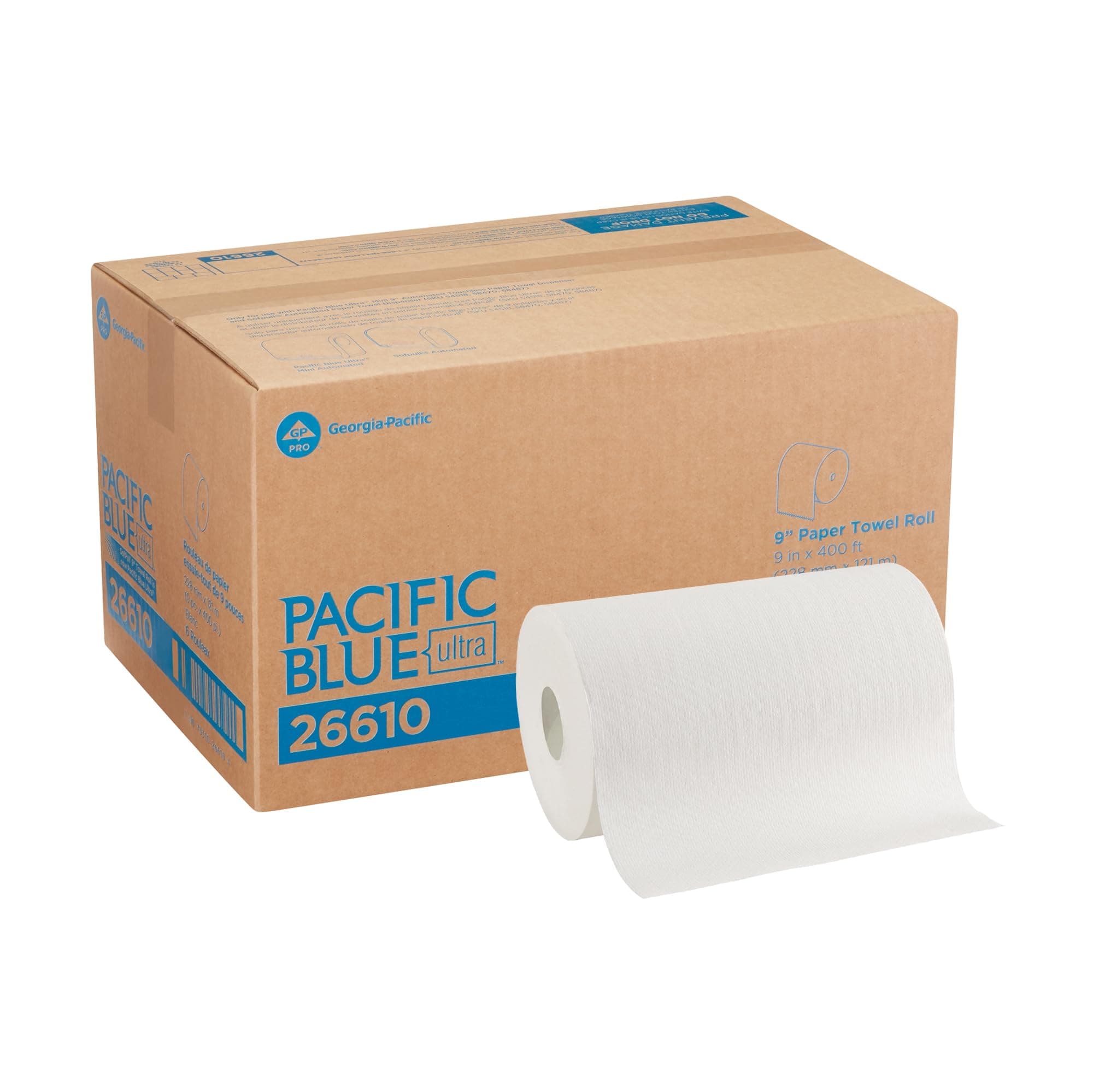 Pacific Blue Ultra 9” Paper Towel Roll (Previously Branded SofPull) by GP PRO (Georgia-Pacific), White, 26610, 400 Feet Per Roll, 6 Rolls Per Case